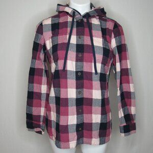 Duluth Trading Co. Pink Plaid Flannel Hooded Button Up Shirt Women's S Small